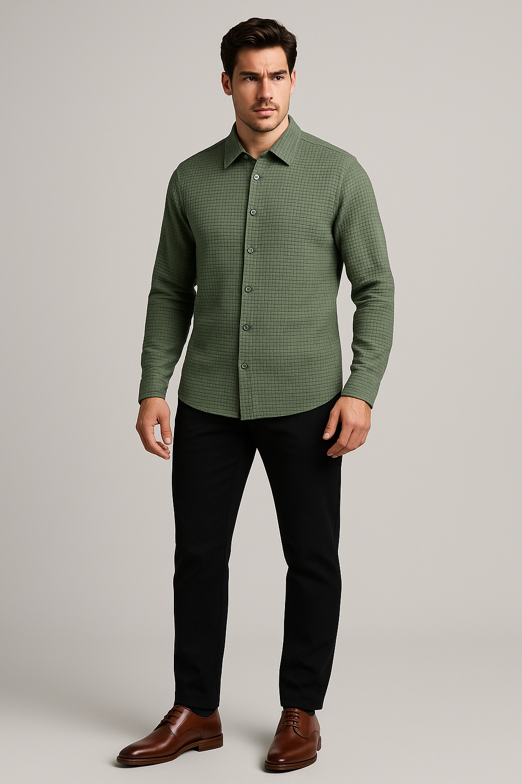 Camisas Para Hombre Jacquard Manga Larga B55325 Militar