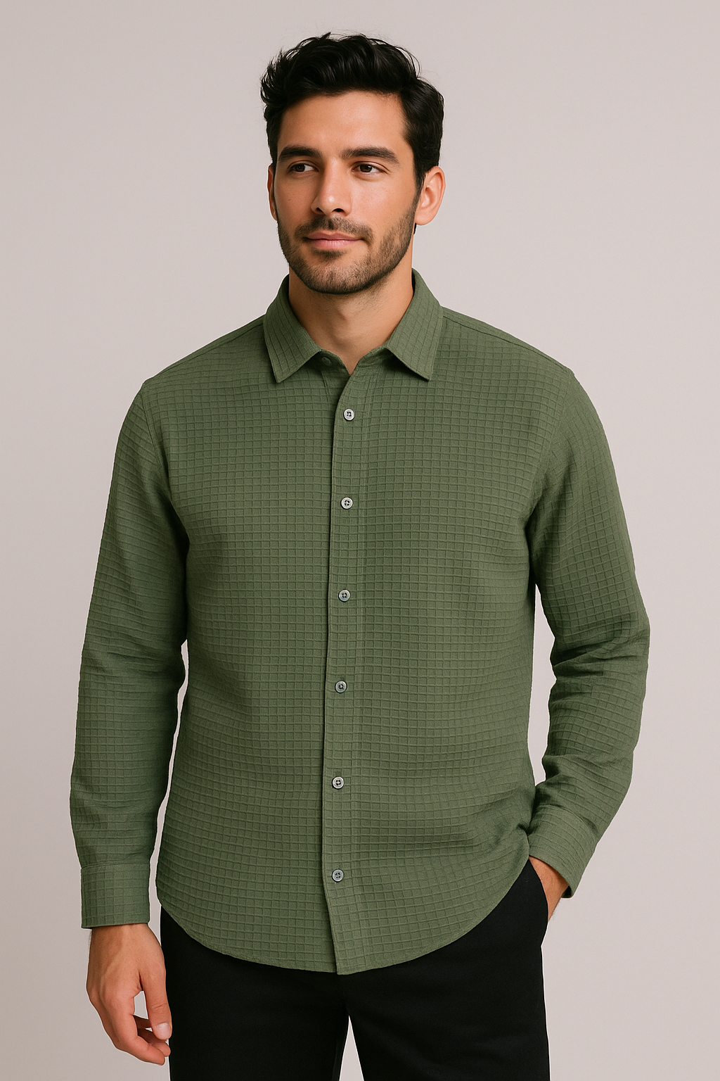 Camisas Para Hombre Jacquard Manga Larga B55325 Militar