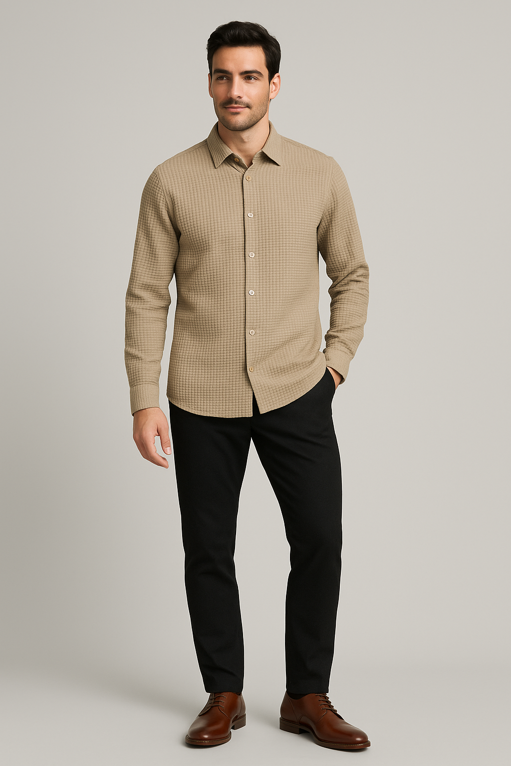 Camisas Para Hombre Jacquard Manga Larga B55325 Kaki