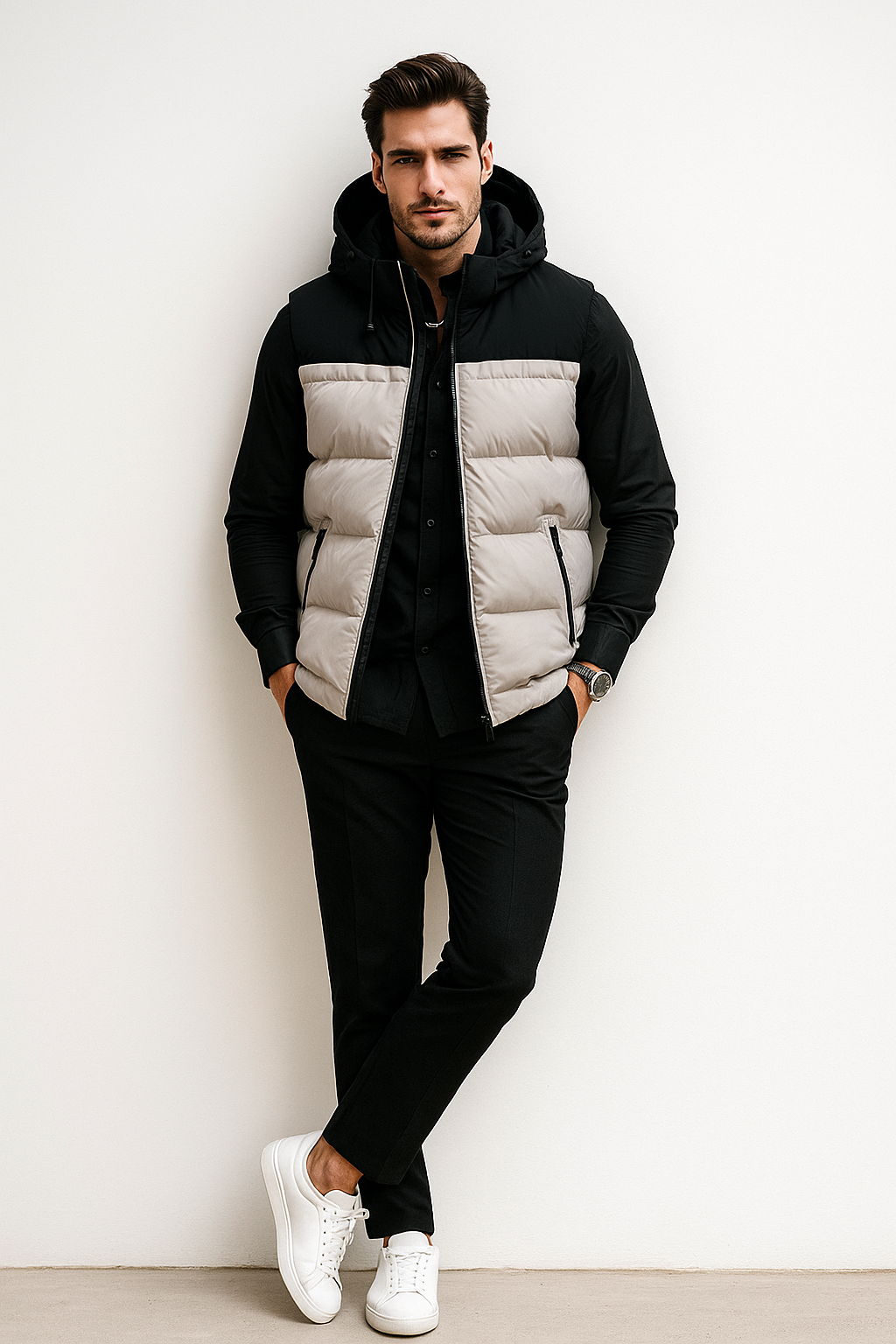 Chalecos Para Hombre Tipo Puffer Con Capucha H45305 Blanco