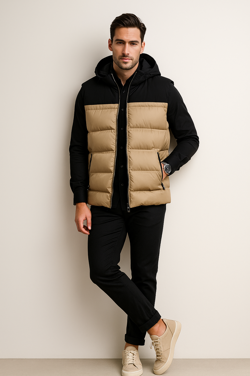 Chalecos Para Hombre Tipo Puffer Con Capucha H45305 Beige