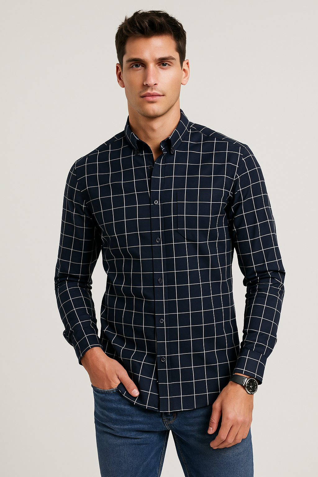 Camisas Para Hombre Cuadros Clásica Con Bolsillo B55206 Marino