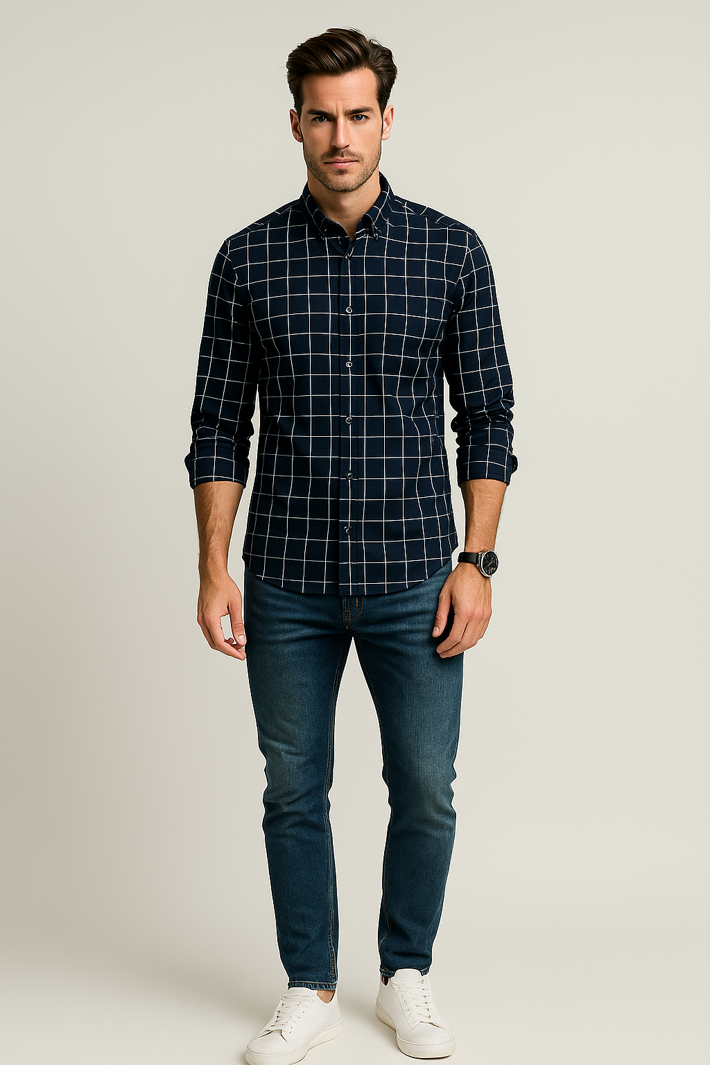 Camisas Para Hombre Cuadros Clásica Con Bolsillo B55206 Marino