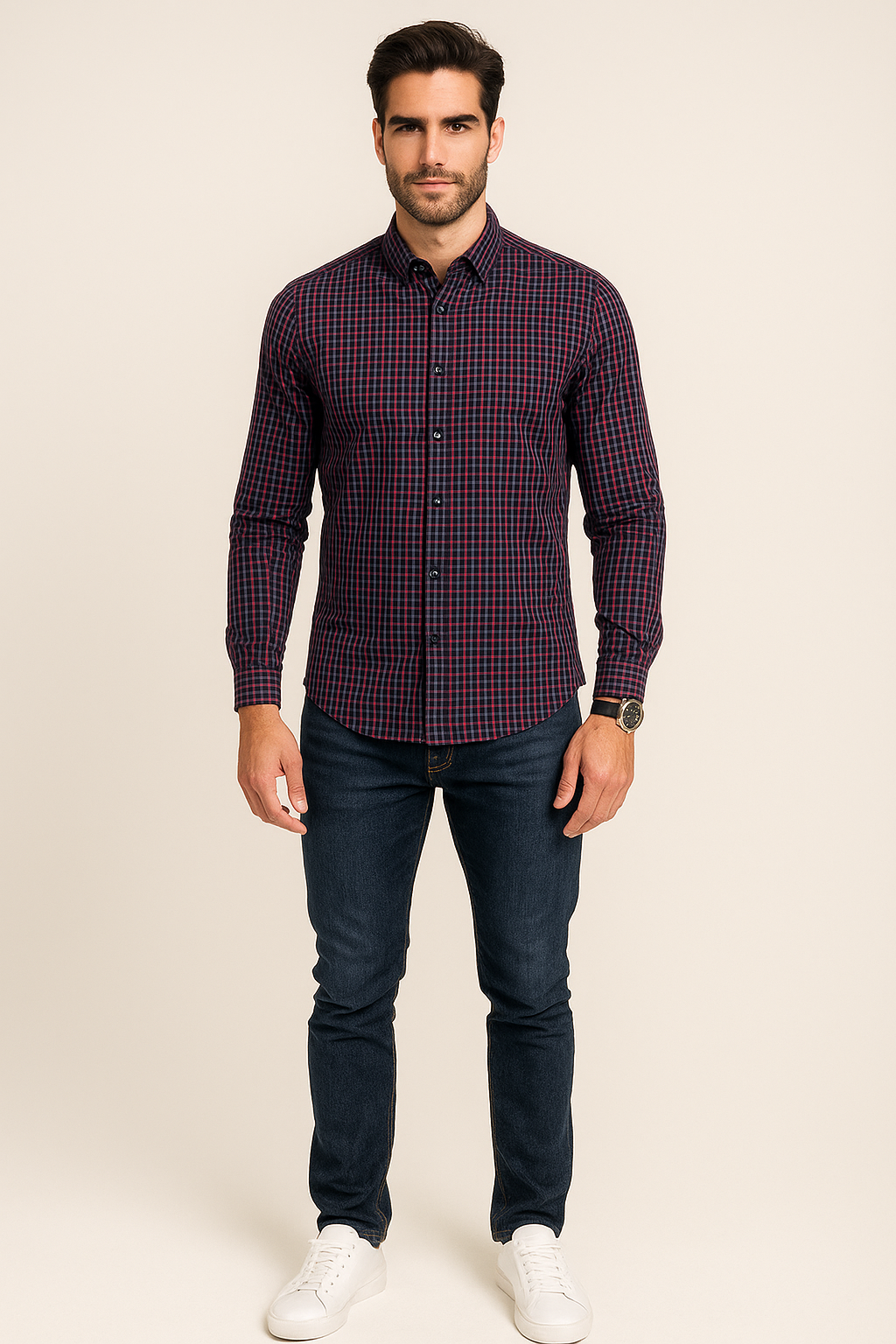 Camisas Para Hombre Cuadros Clásica Con Bolsillo B55208 Vino