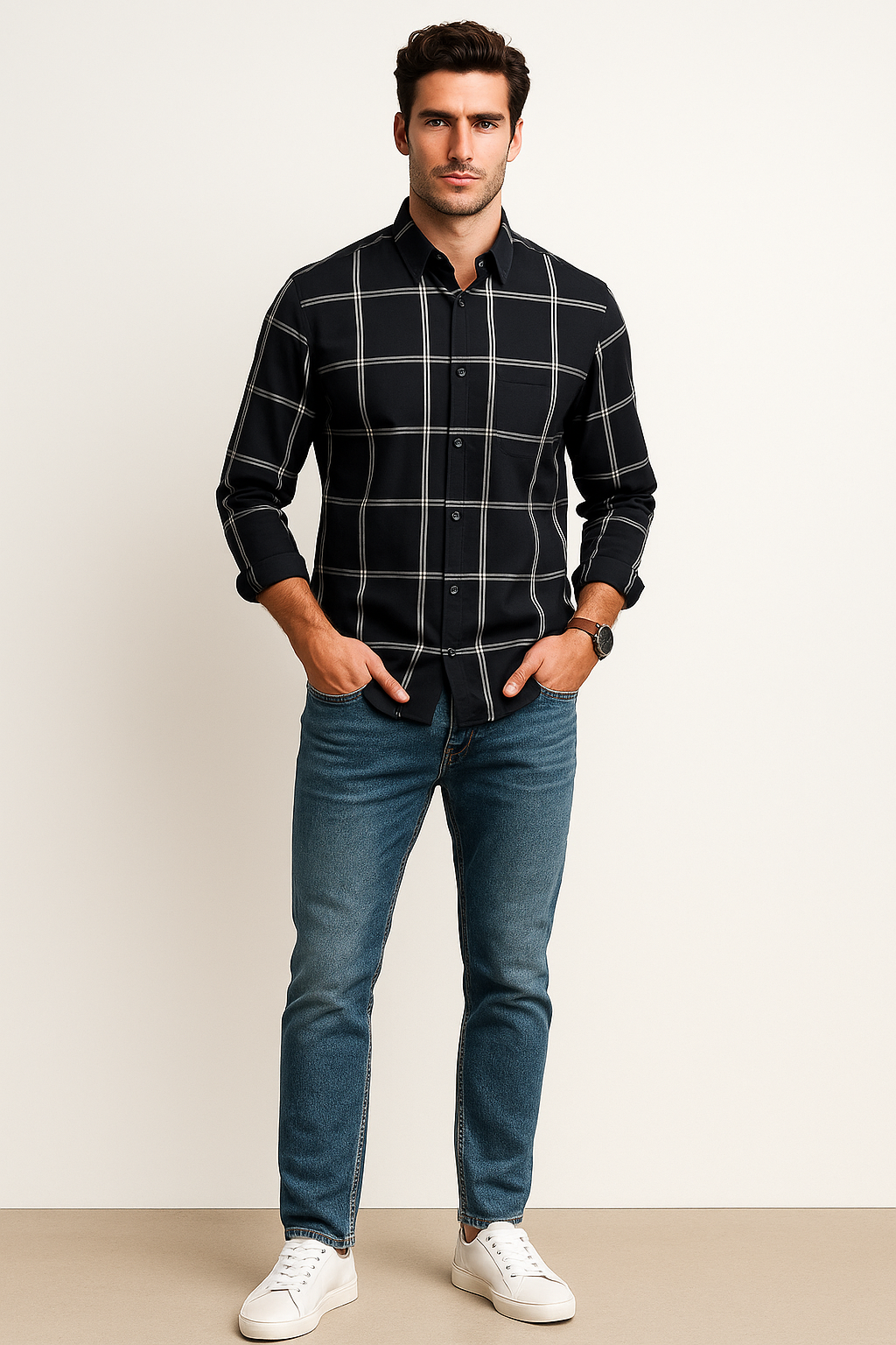 Camisas Para Hombre Cuadros Clásica Con Bolsillo B55210 Negro