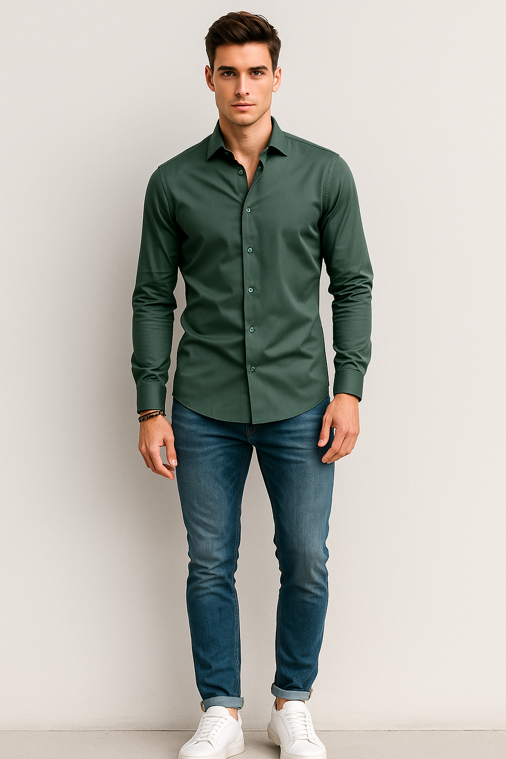 Camisas Para Hombre Satinada Stretch Formal BPOPSS Militar