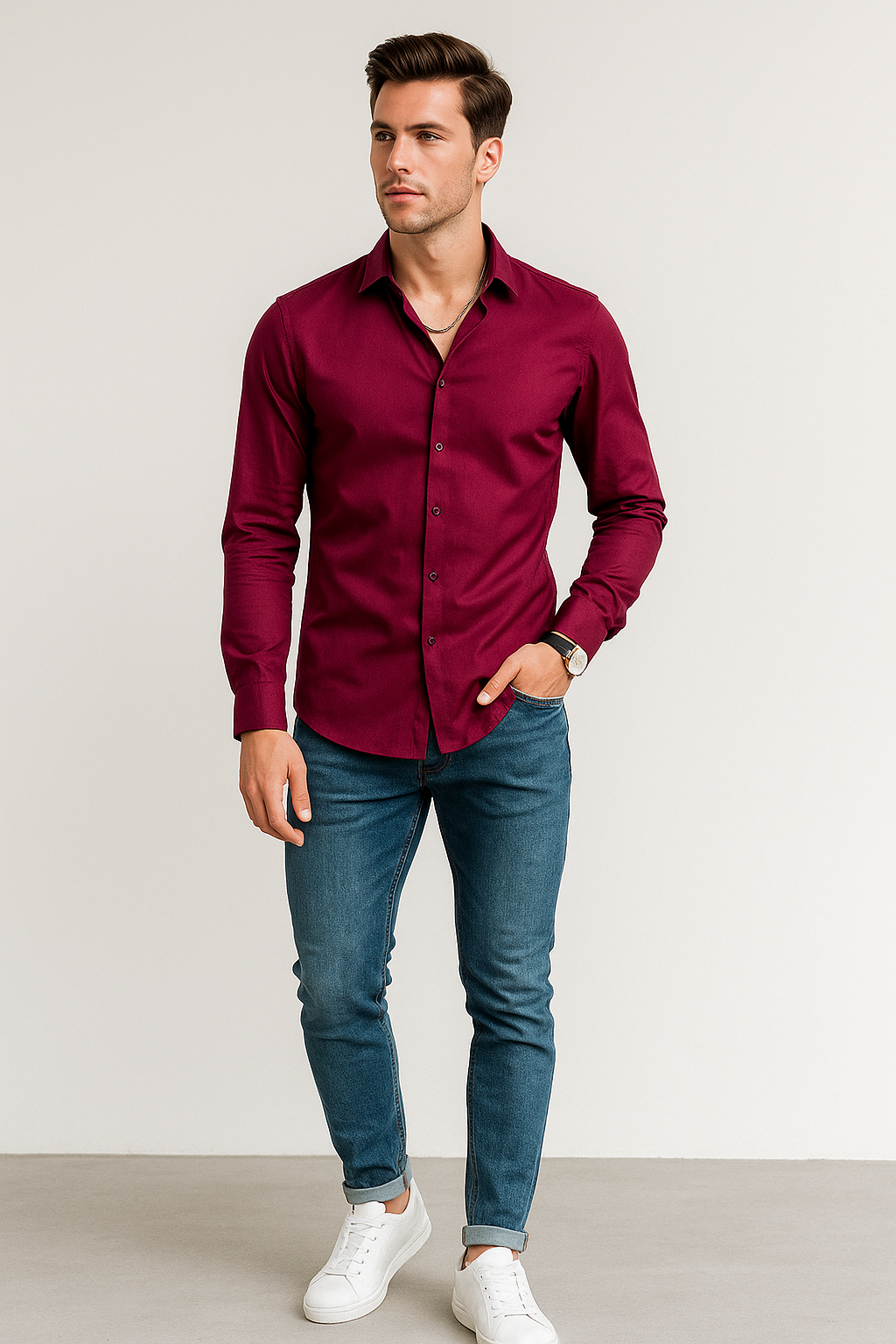 Camisas Para Hombre Satinada Stretch Formal BPOPSS Vino