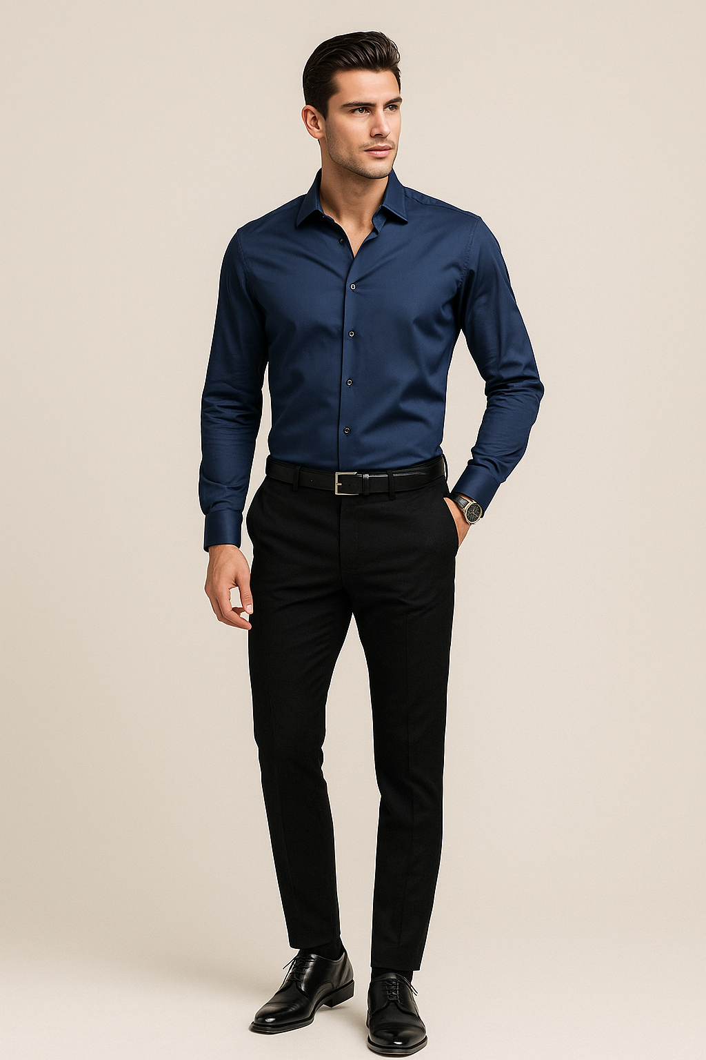 Camisas Para Hombre Satinada Stretch Formal BPOPSS Marino