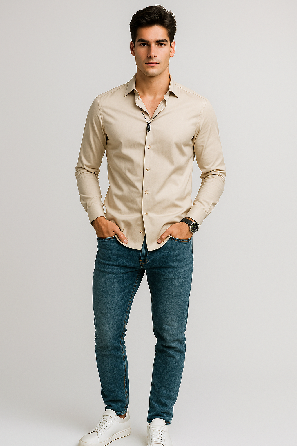 Camisas Para Hombre Satinada Stretch Formal BPOPSS Beige