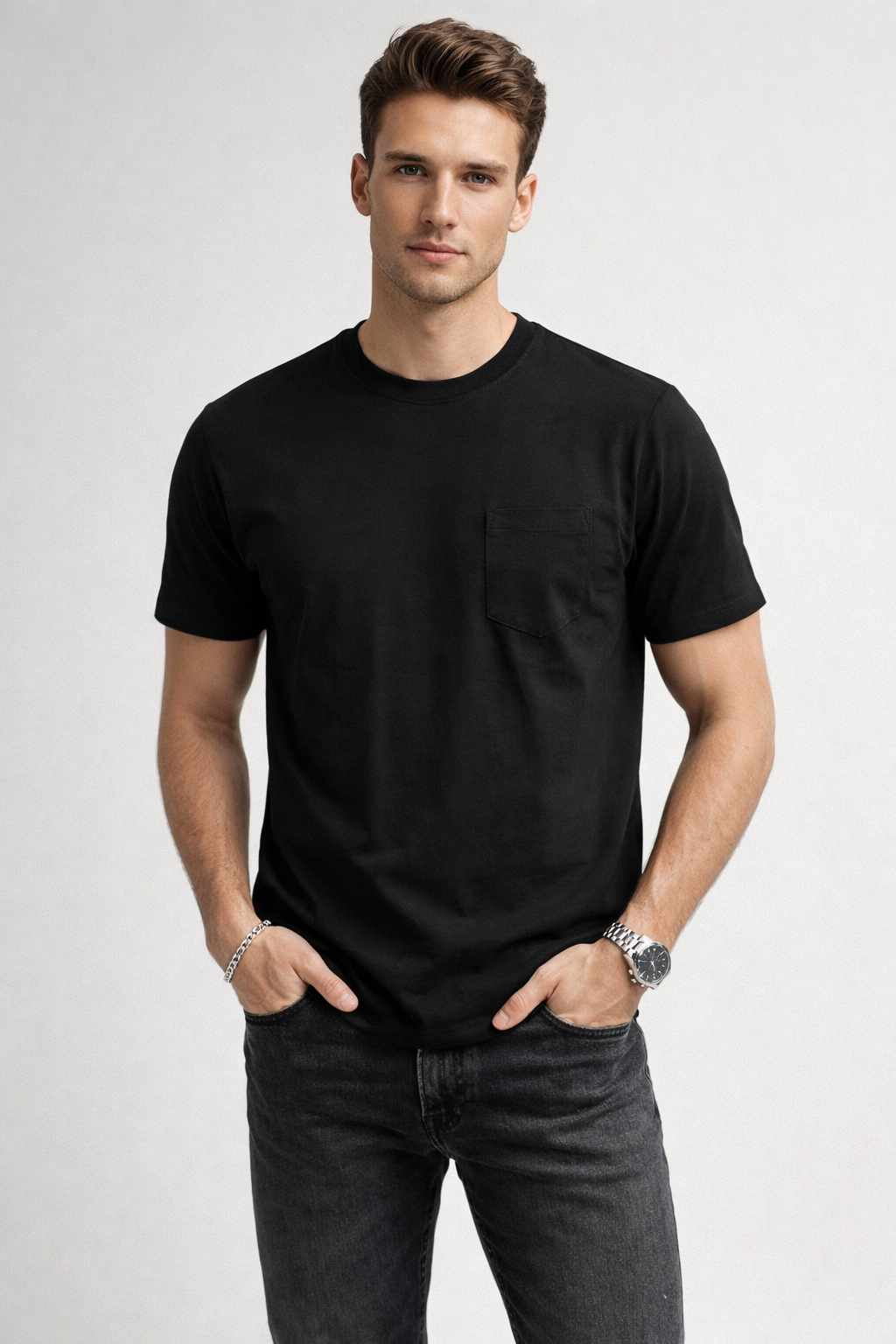 Playera para Hombre Cuello Redondo Algodón con Bolsa Stretch A61401 Negro