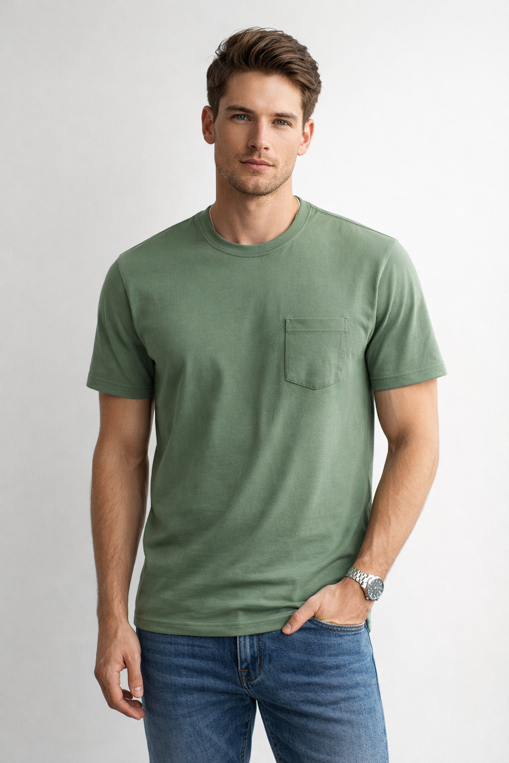Playera para Hombre Cuello Redondo Algodón con Bolsa Stretch A61401 Verde