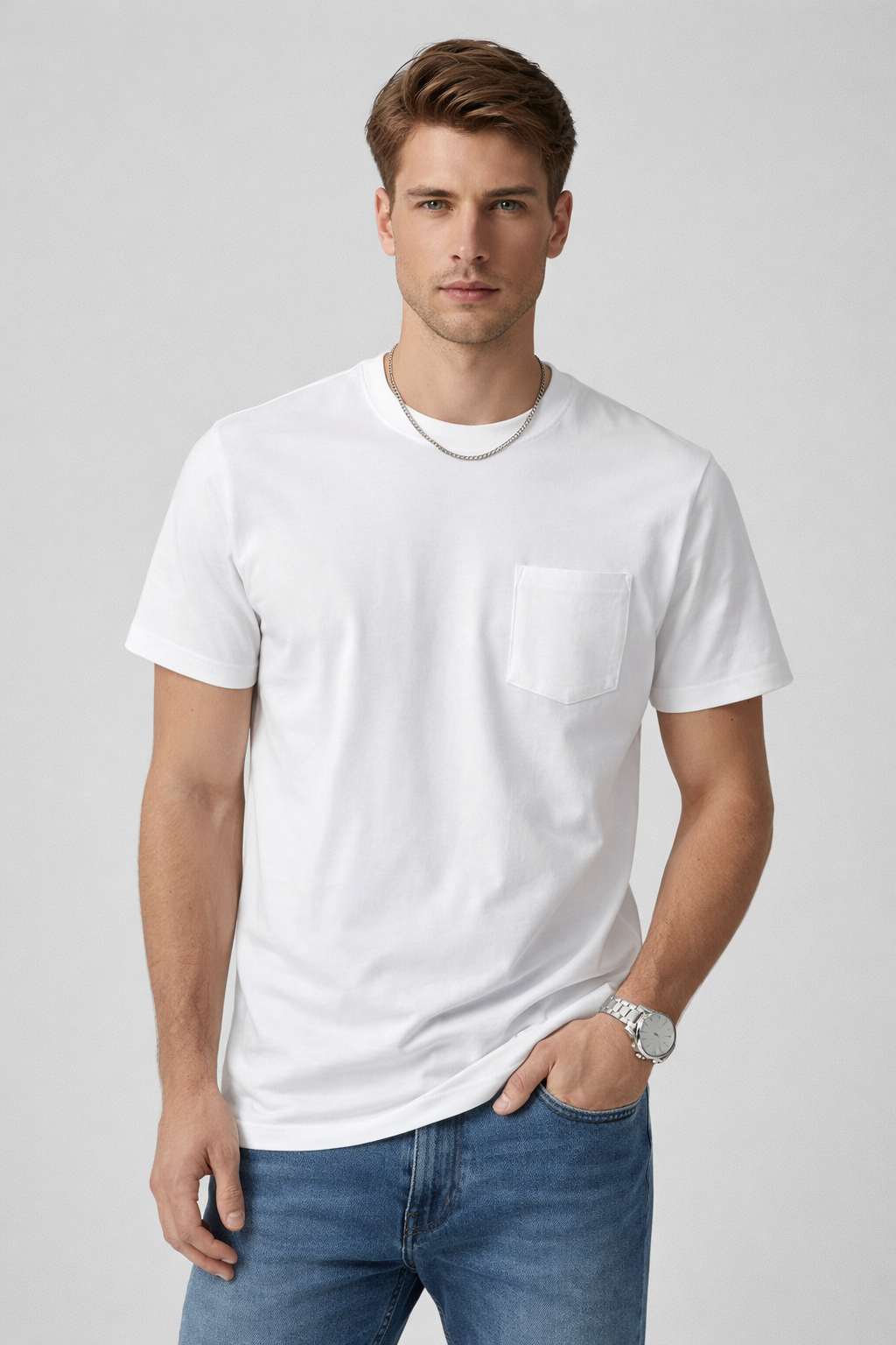 Playera para Hombre Cuello Redondo Algodón con Bolsa Stretch A61401 Blanco
