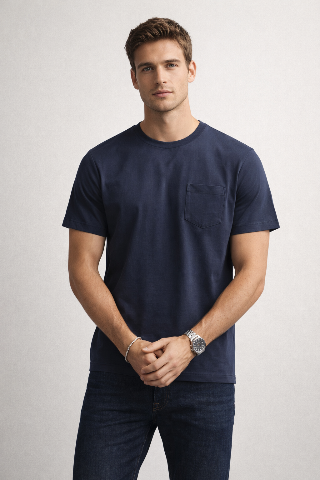 Playera para Hombre Cuello Redondo Algodón con Bolsa Stretch A61401 Marino
