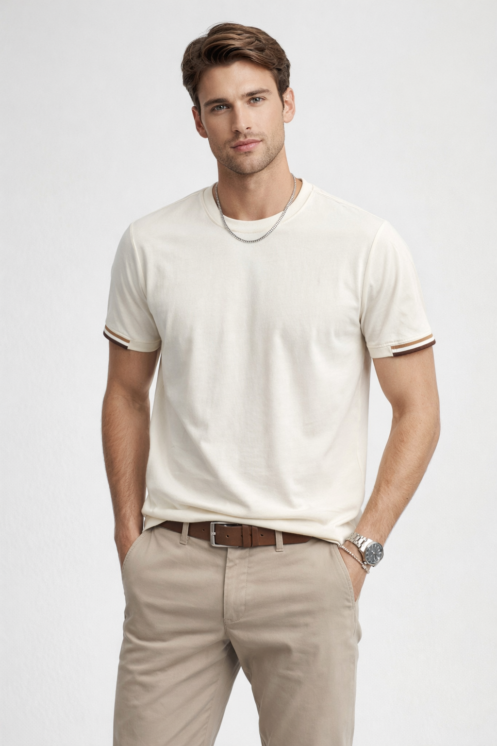Playera para Hombre Cuello Redondo Antiarrugas Stretch A61404 Hueso