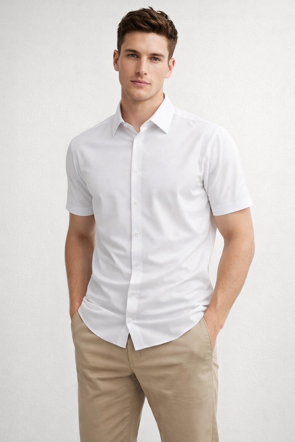 Camisa para Hombre Manga Corta Jacquard Sin Costura Antiarrugas B61451 Blanco