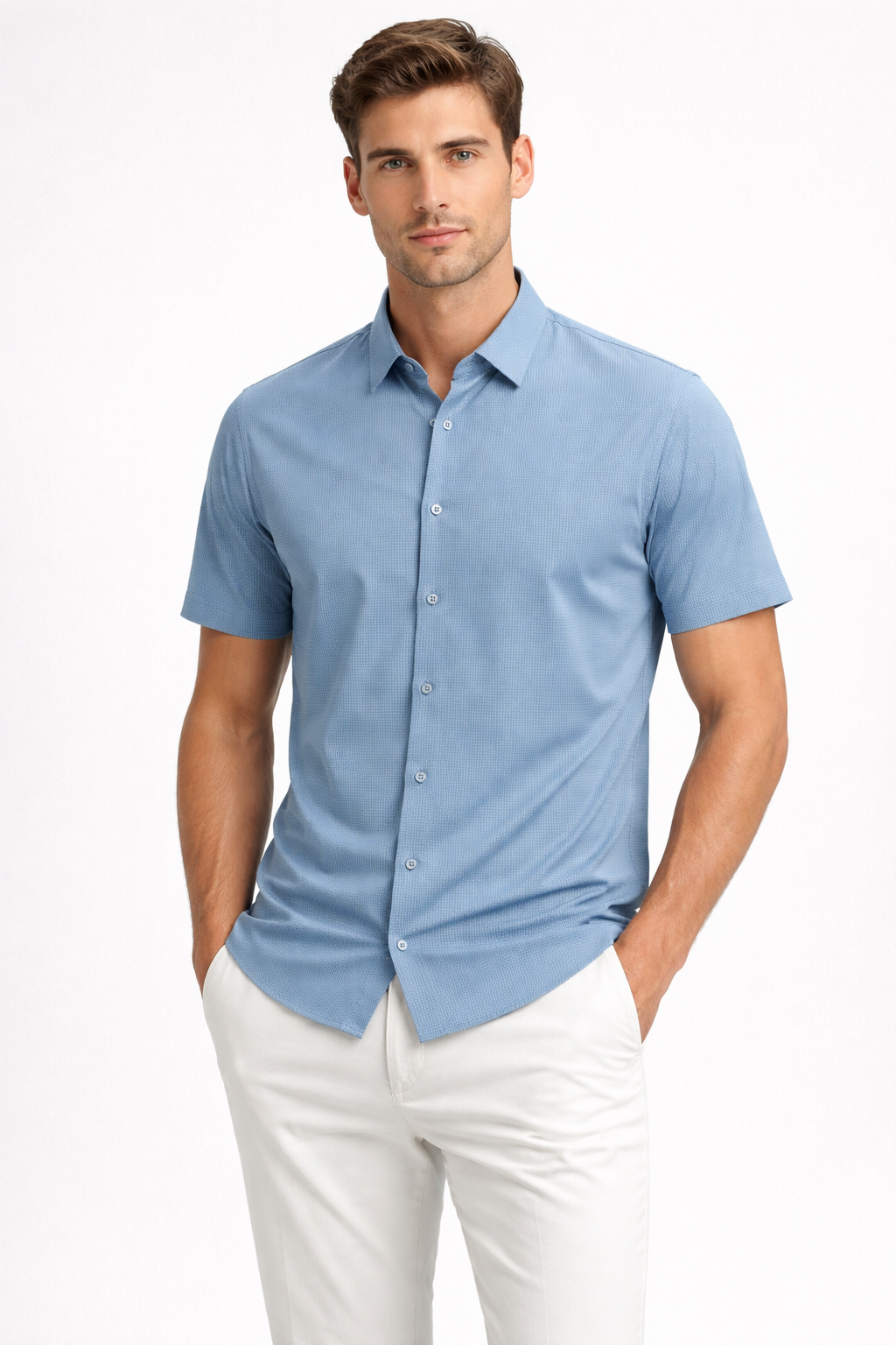 Camisa para Hombre Manga Corta Jacquard Sin Costura Antiarrugas B61451 Azul