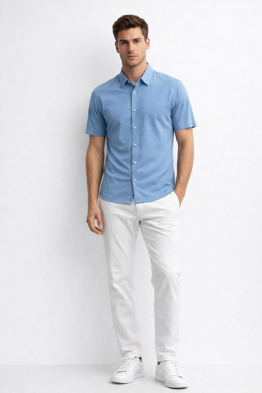 Camisa para Hombre Manga Corta Jacquard Sin Costura Antiarrugas B61451 Azul