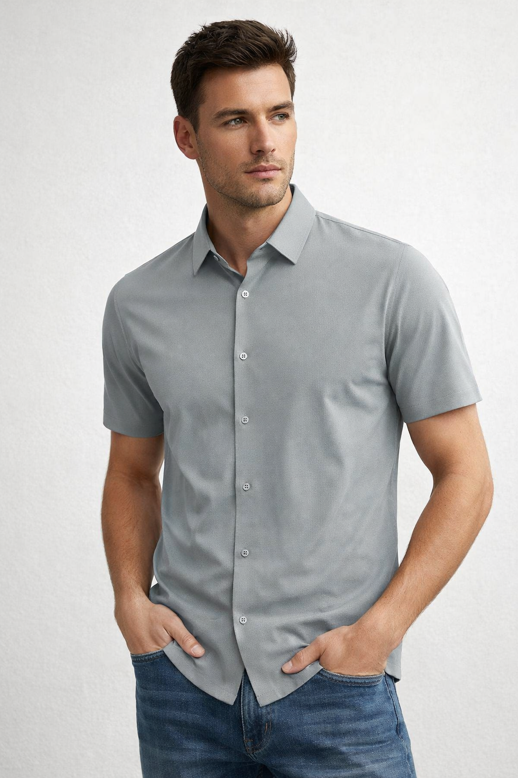 Camisa para Hombre Manga Corta Jacquard Sin Costura Antiarrugas B61451 Gris