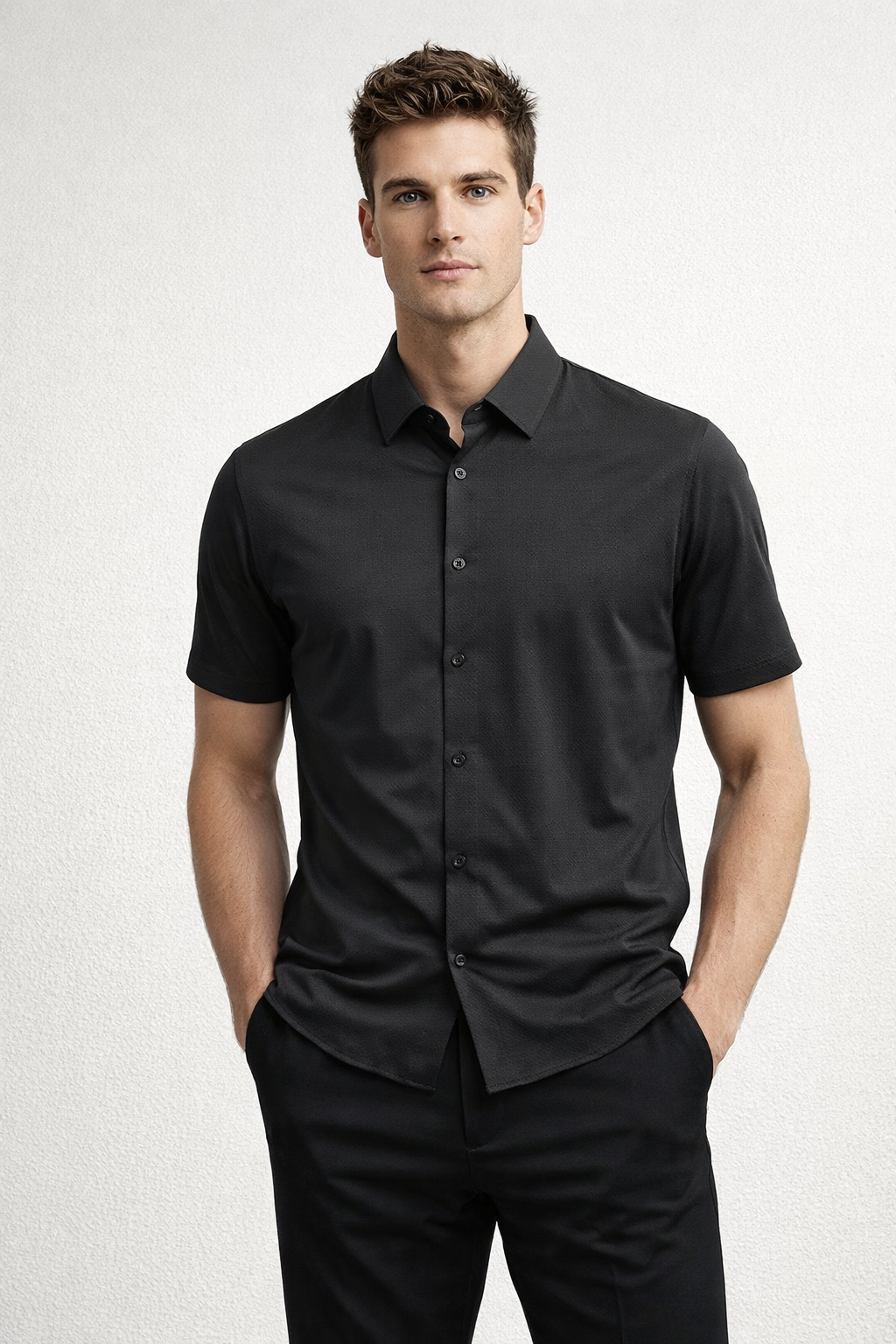 Camisa para Hombre Manga Corta Jacquard Sin Costura Antiarrugas B61451 Negro