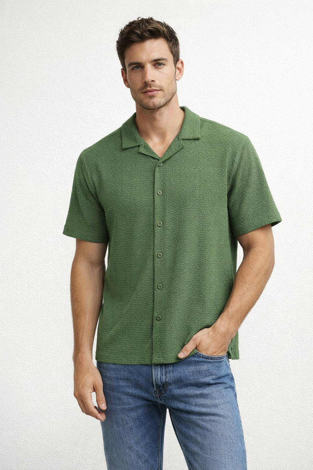 Camisa para Hombre Manga Corta Super Stretch Antiarrugas B61452 Verde