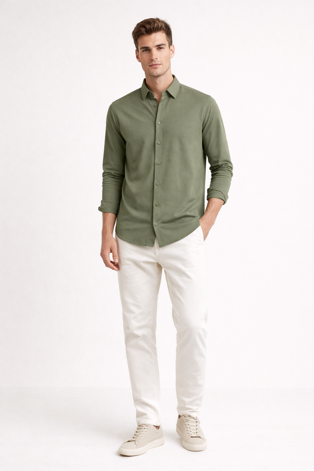 Camisa para Hombre Manga Larga Jacquard Super Stretch B61404 Olivo