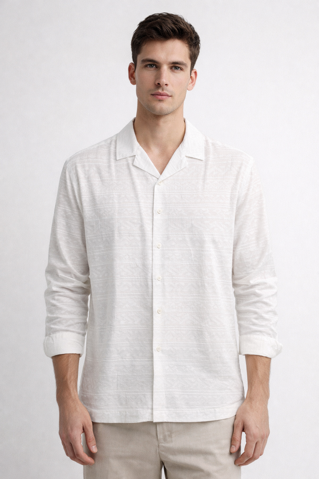 Camisa para Hombre Manga Larga Jacquard Antiarrugas Ligera B61407 Blanco