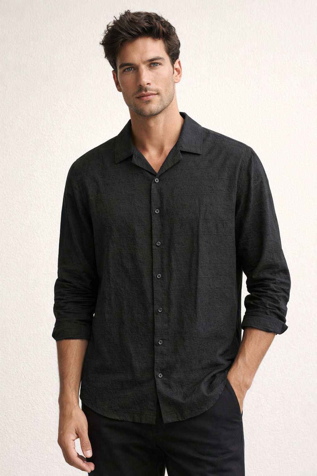 Camisa para Hombre Manga Larga Jacquard Antiarrugas Ligera B61407 Negro