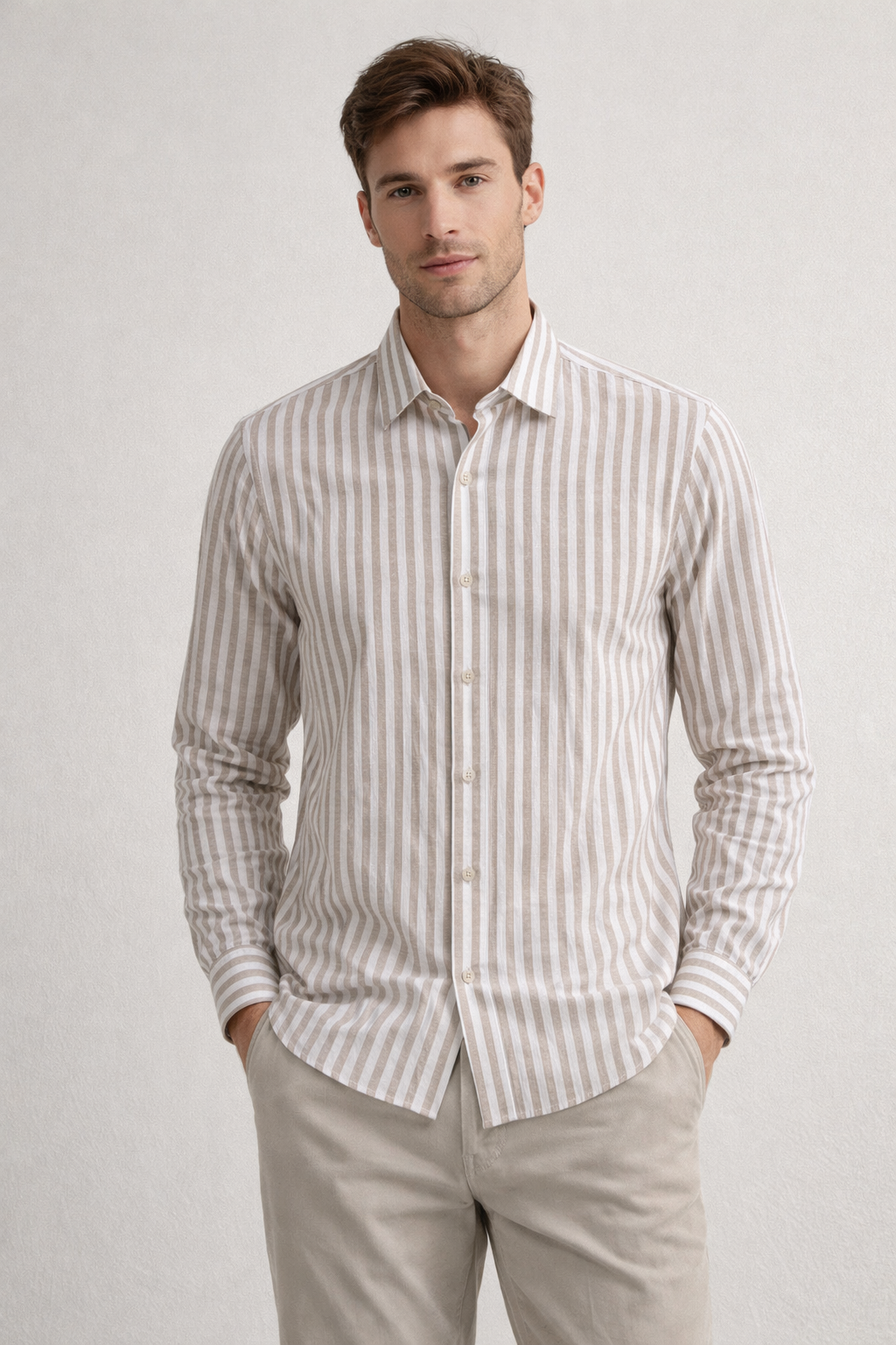 Camisa para Hombre Manga Larga de Rayas Antiarrugas Ligera B61408 Beige