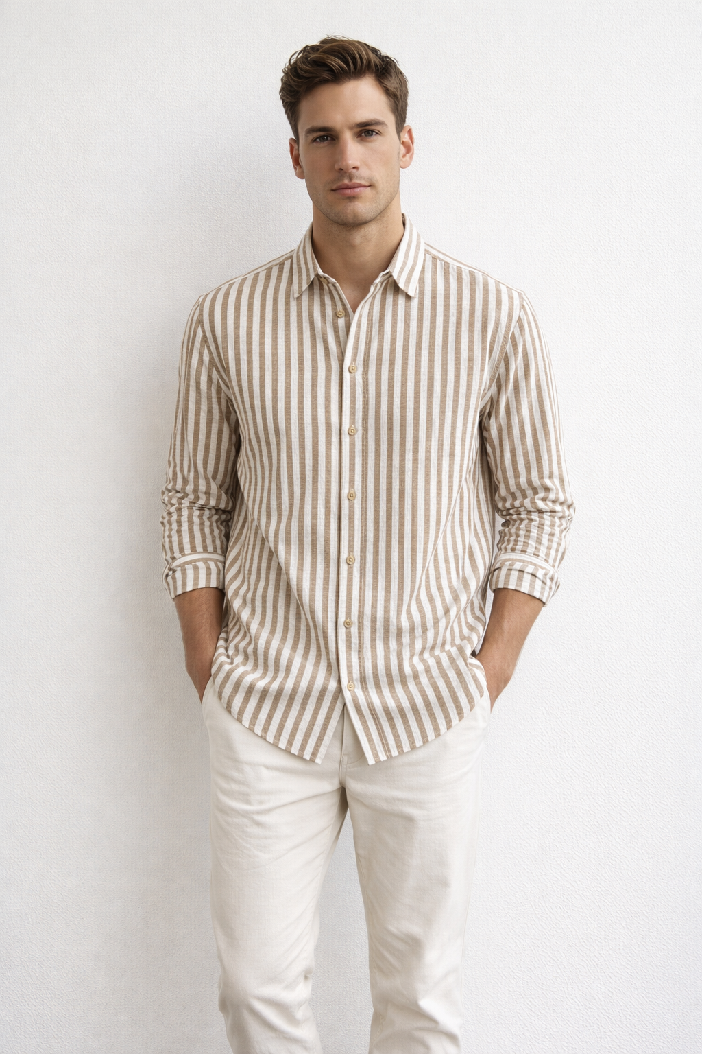 Camisa para Hombre Manga Larga de Rayas Antiarrugas Ligera B61408 Kaki