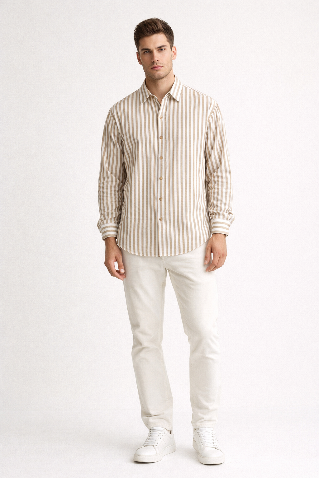 Camisa para Hombre Manga Larga de Rayas Antiarrugas Ligera B61408 Kaki