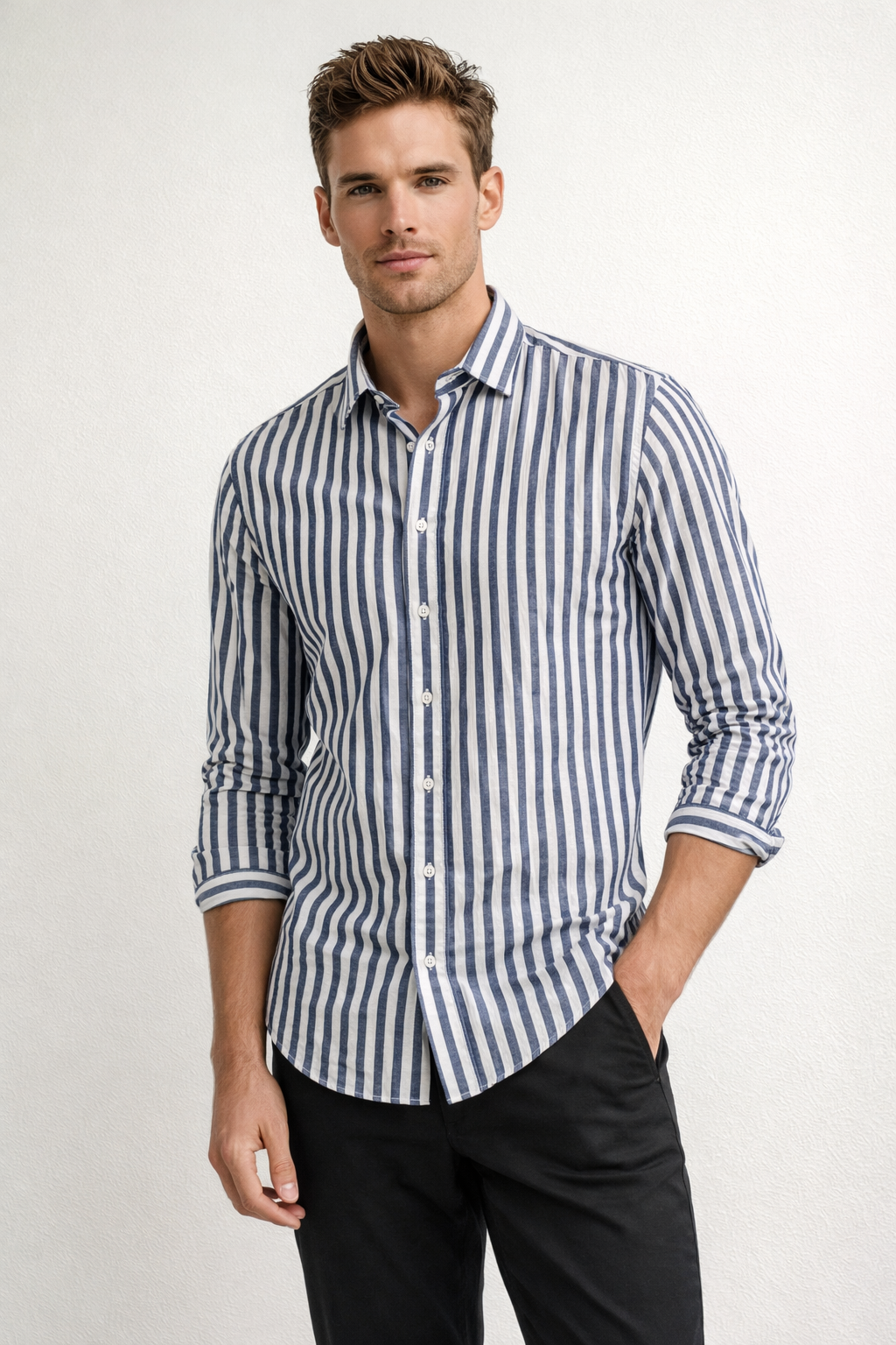 Camisa para Hombre Manga Larga de Rayas Antiarrugas Ligera B61408 Marino