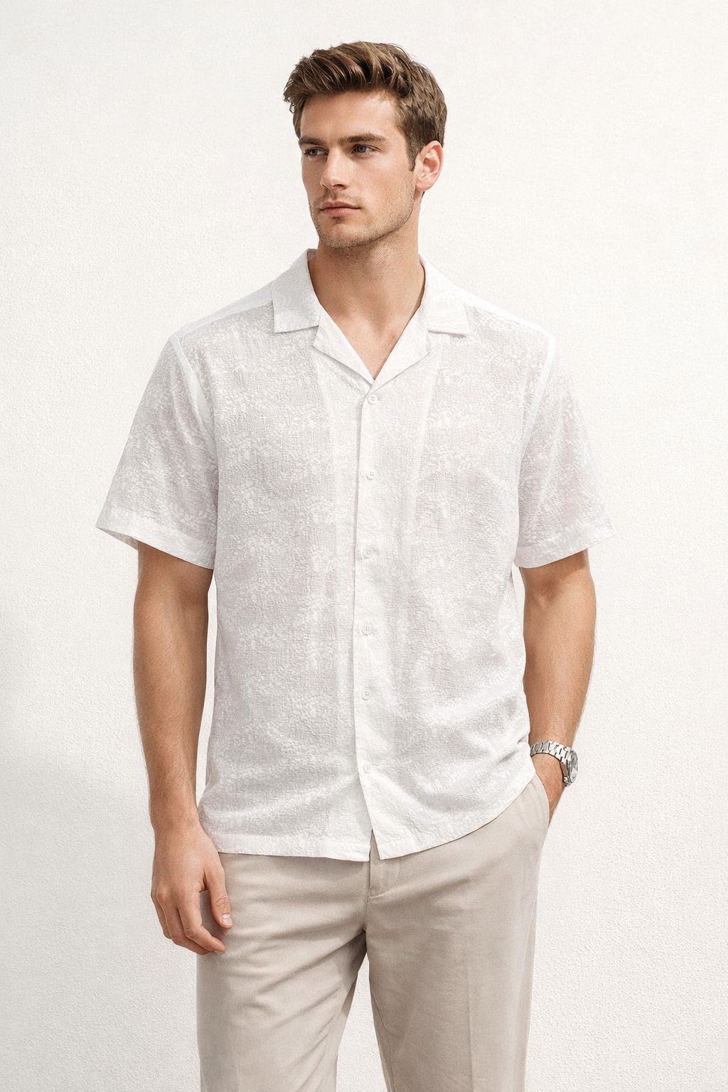 Camisa para Hombre Manga Corta Jacquard Super Stretch Antiarrugas B61453 Blanco