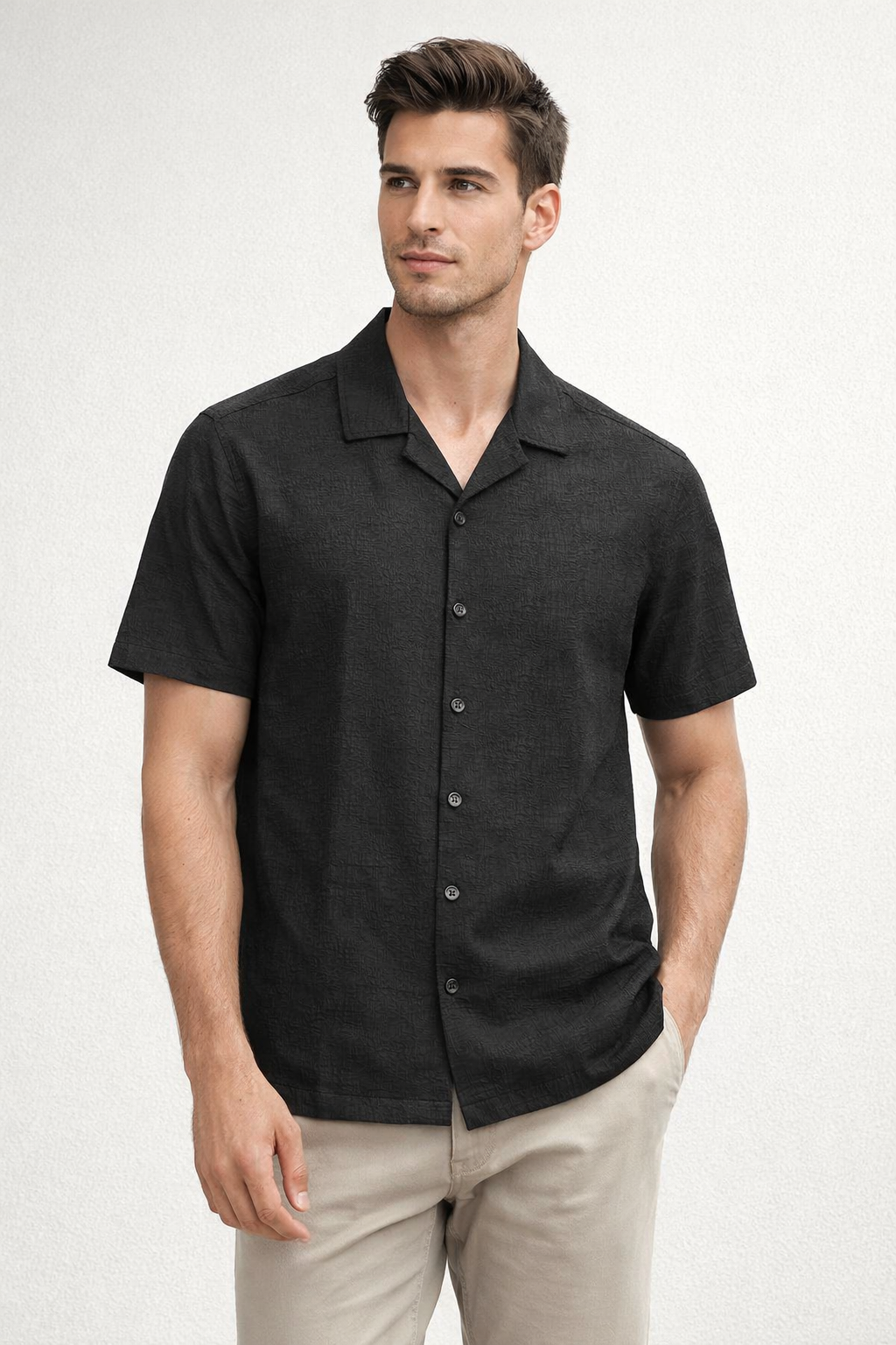 Camisa para Hombre Manga Corta Jacquard Super Stretch Antiarrugas B61453 Negro