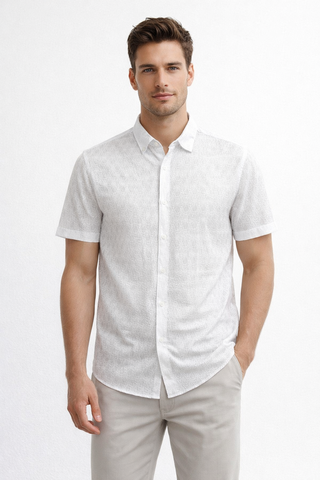 Camisa para Hombre Manga Corta Super Stretch Jacquard B61455 Blanco