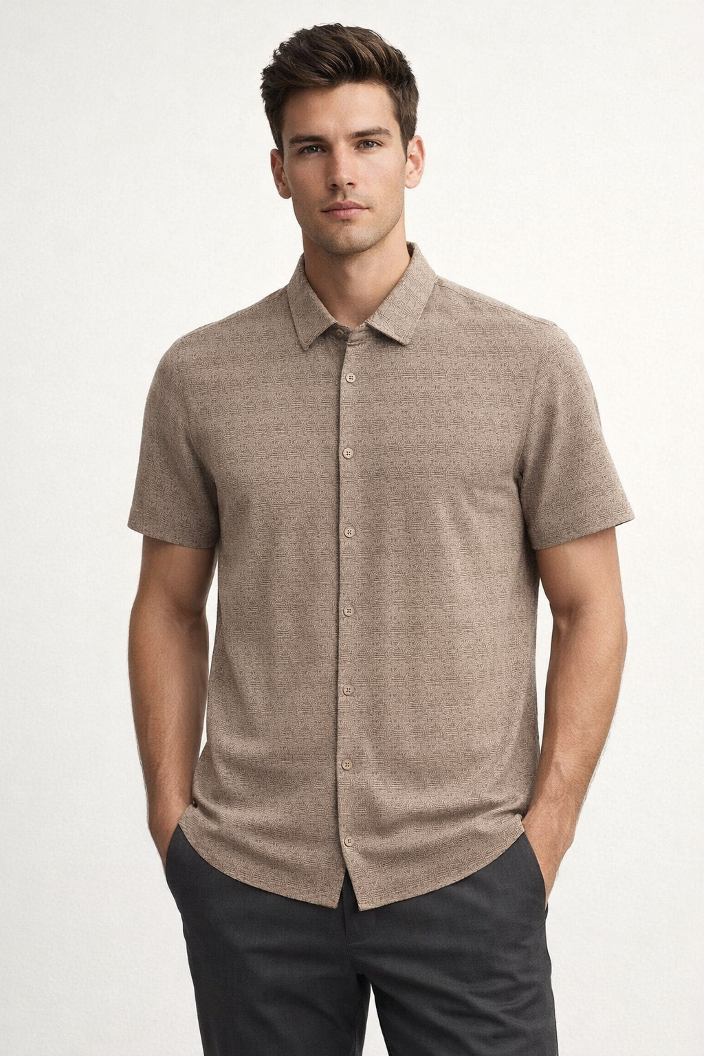 Camisa para Hombre Manga Corta Super Stretch Jacquard B61455 Kaki
