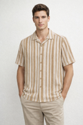 Camisa para Hombre Manga Corta Jacquard a Rayas Stretch B61456 Kaki