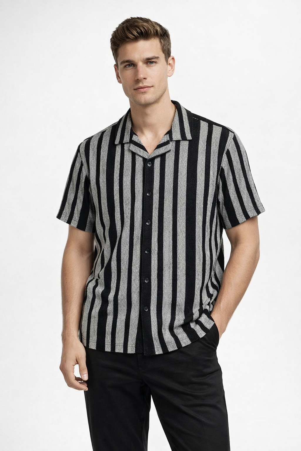 Camisa para Hombre Manga Corta Jacquard a Rayas Stretch B61456 Negro
