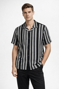 Camisa para Hombre Manga Corta Jacquard a Rayas Stretch B61456 Negro