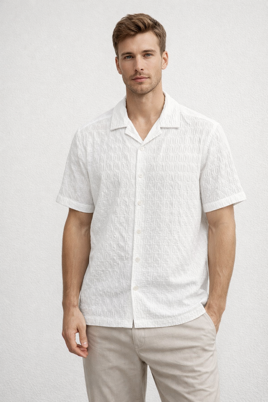 Camisa para Hombre Manga Corta Resort Jacquard Super Stretch Antiarrugas B61457 Blanco
