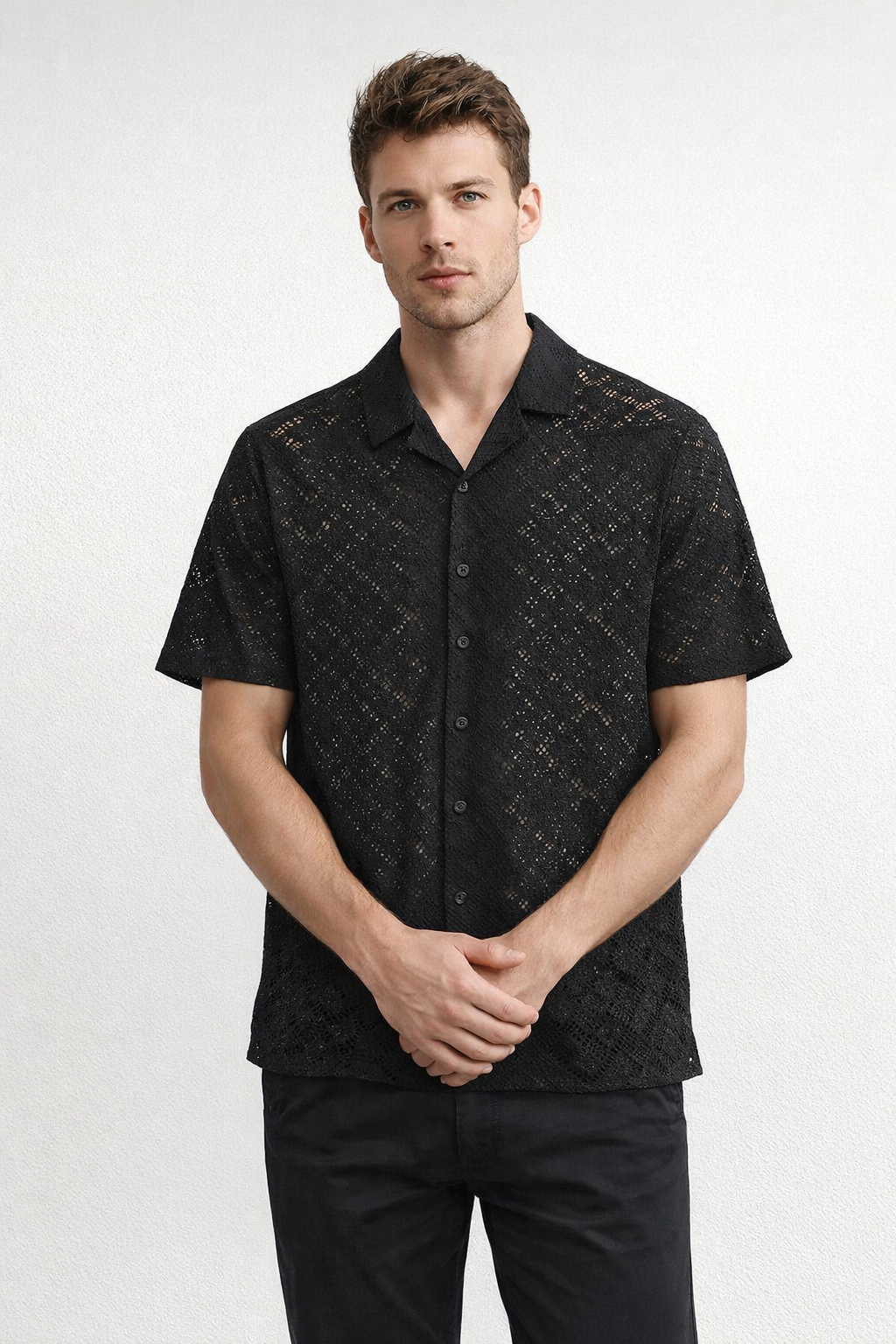 Camisa para Hombre Manga Corta Resort Casual de Crochet B61458 Negro