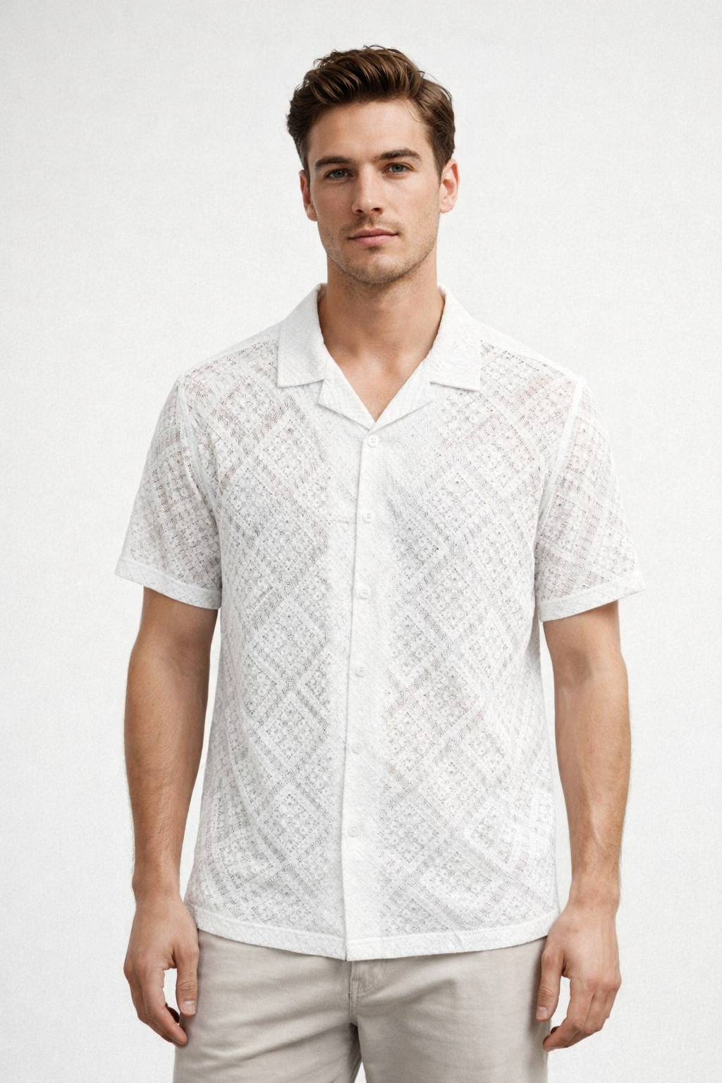 Camisa para Hombre Manga Corta Resort Casual de Crochet B61458 Blanco