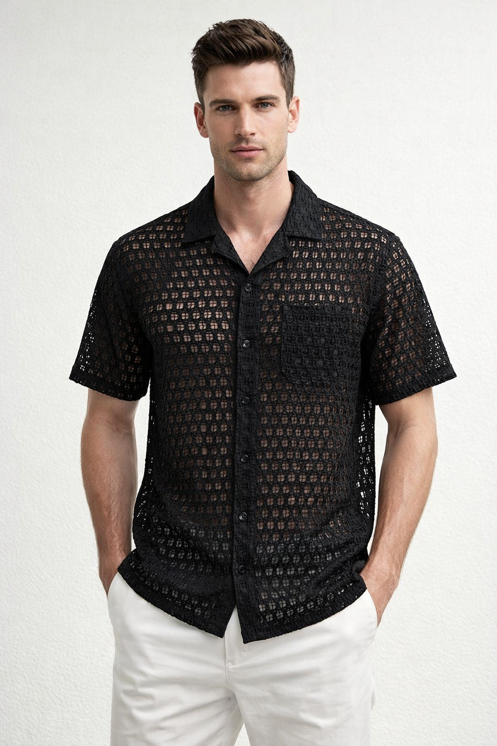 Camisa para Hombre Manga Corta Jacquard Tejida Super Stretch Antiarrugas B61459 Negro