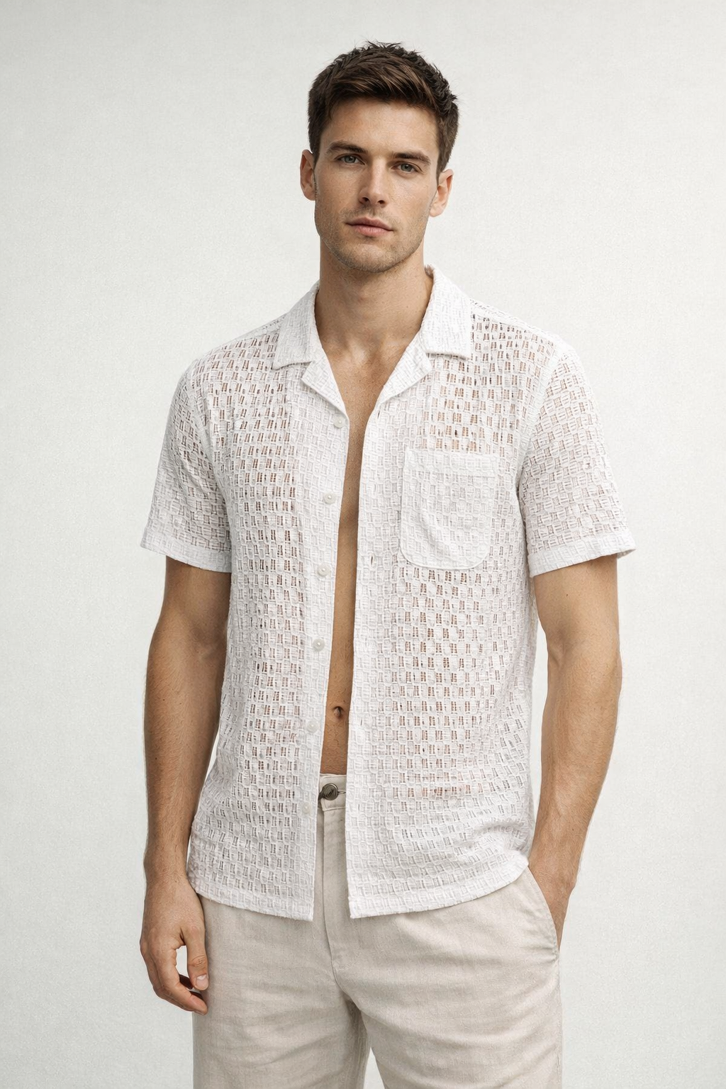 Camisa para Hombre Manga Corta Jacquard Tejida Super Stretch Antiarrugas B61459 Hueso