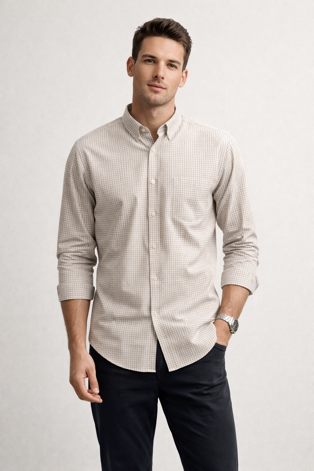 Camisas Para Hombre Manga Larga Cuadros Algodón B61202 Beige