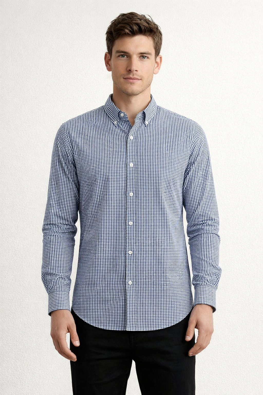 Camisas Para Hombre Manga Larga Cuadros Algodón B61202 Azul