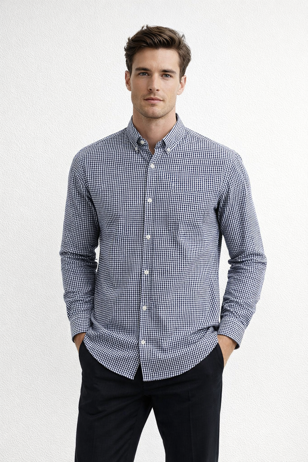 Camisas Para Hombre Manga Larga Cuadros Algodón B61202 Marino