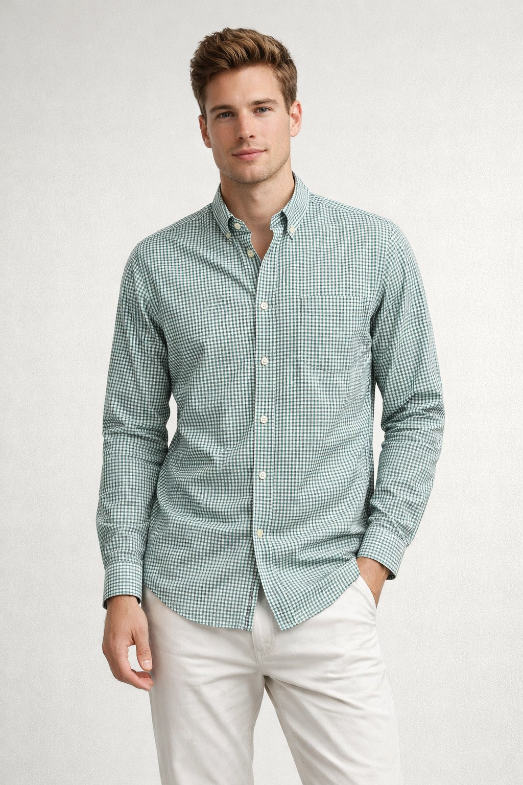 Camisas Para Hombre Manga Larga Cuadros Algodón B61202 Verde