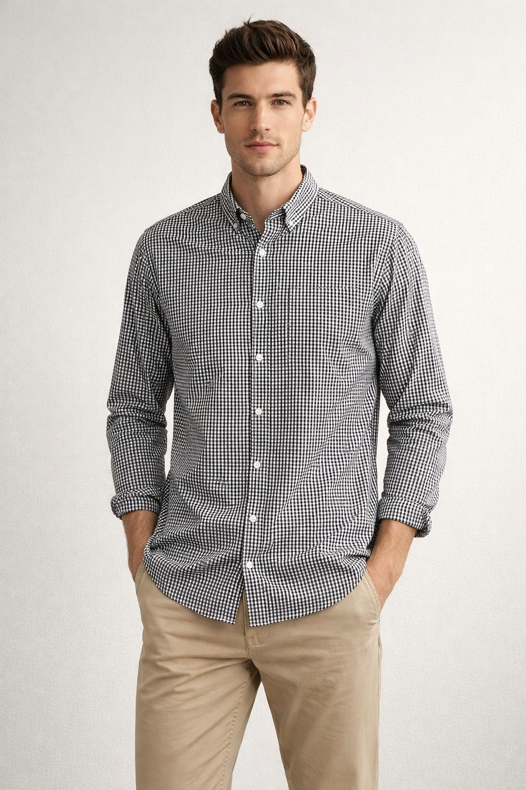 Camisas Para Hombre Manga Larga Cuadros Algodón B61202 Negro
