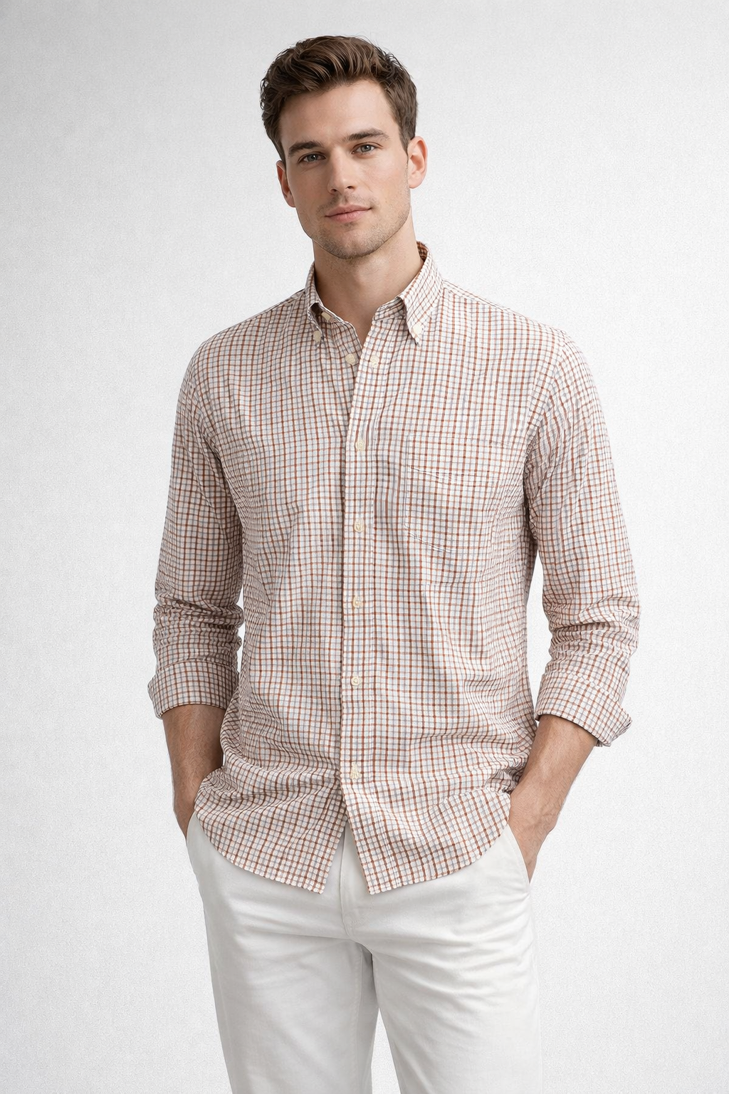 Camisas Para Hombre Manga Larga Cuadros Bicolor B61203 Kaki