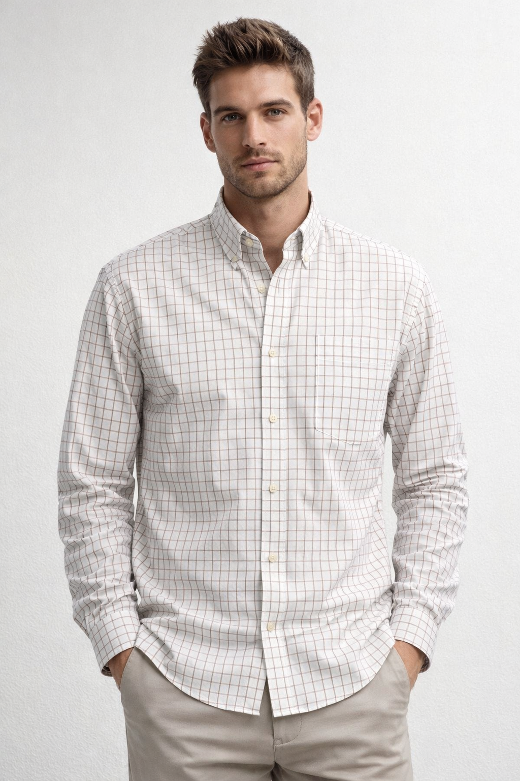 Camisas Para Hombre Manga Larga Cuadros B61204 Beige